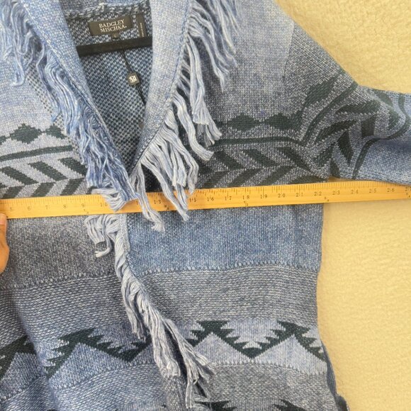 Badgley mischka Blue black Jacquard knit Shawl Belted Fringe long cardigan L NWT - Picture 12 of 12